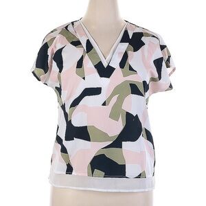 DKNY Short Cap Sleeve Abstract Design Top Blouse in Tropical Pink Green Black